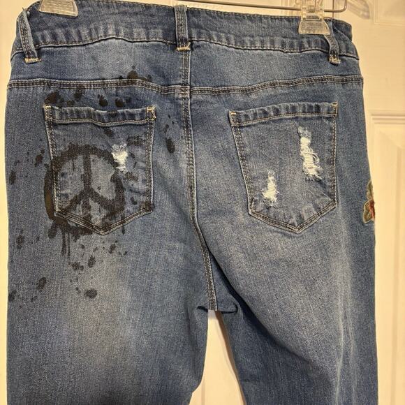 Blue Spice Womens 11 Jeans Embroidered Painted Straight Peace Distressed - Picture 9 of 15